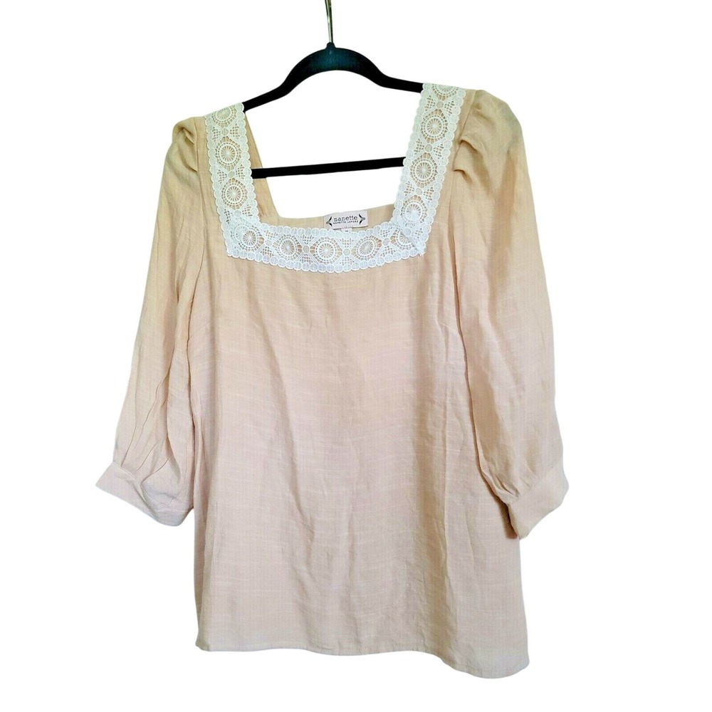 Nanette Lepore M Warm‎ Sand 3/4 Sleeve Lace Trim Top Shirt Blouse $58 NWT